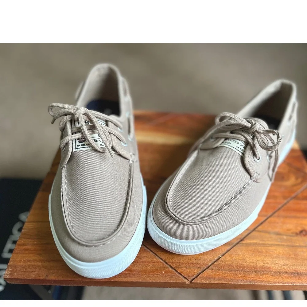 Nautica Spinnaker Twill Mens 9.5 Tan Boat Shoes Canvas Loafers NEW